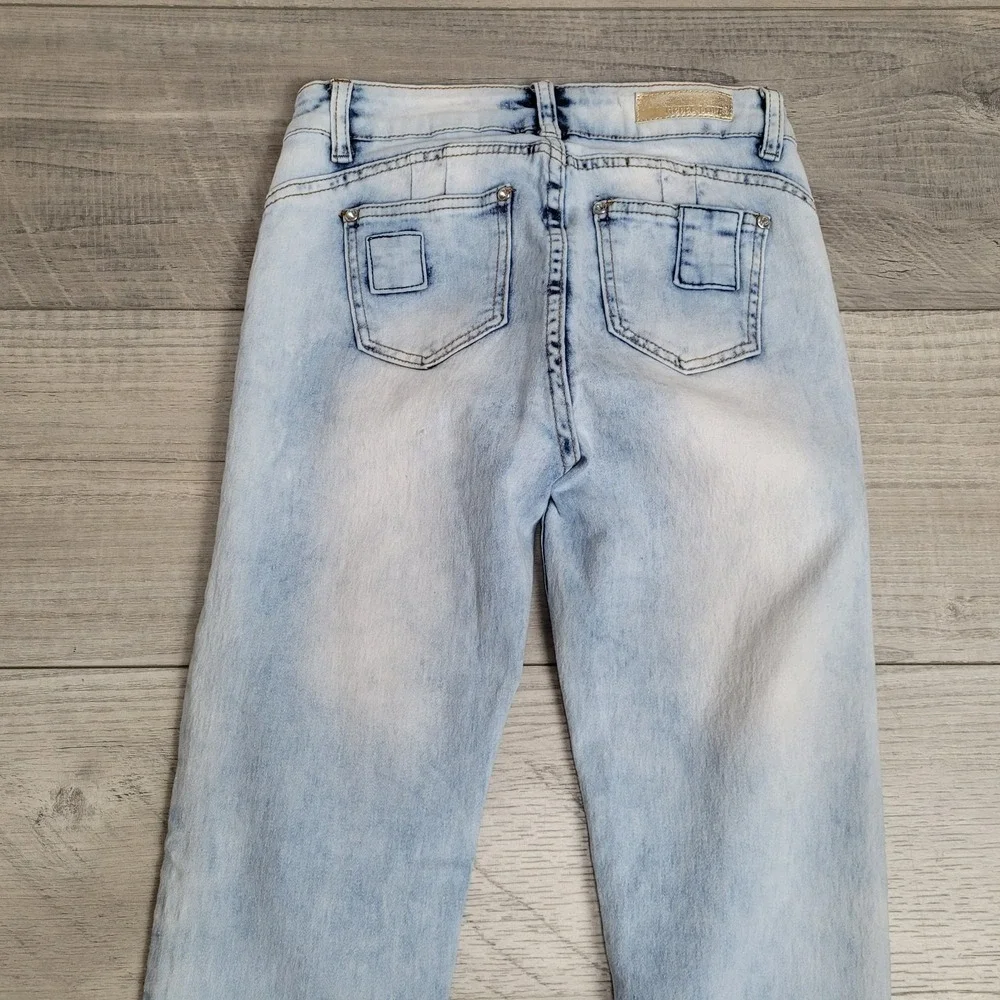 🔥Rebel Love Womens Skinny‎ Jeans 5/6 Distressed Blue Denim Y2K Retro Patches